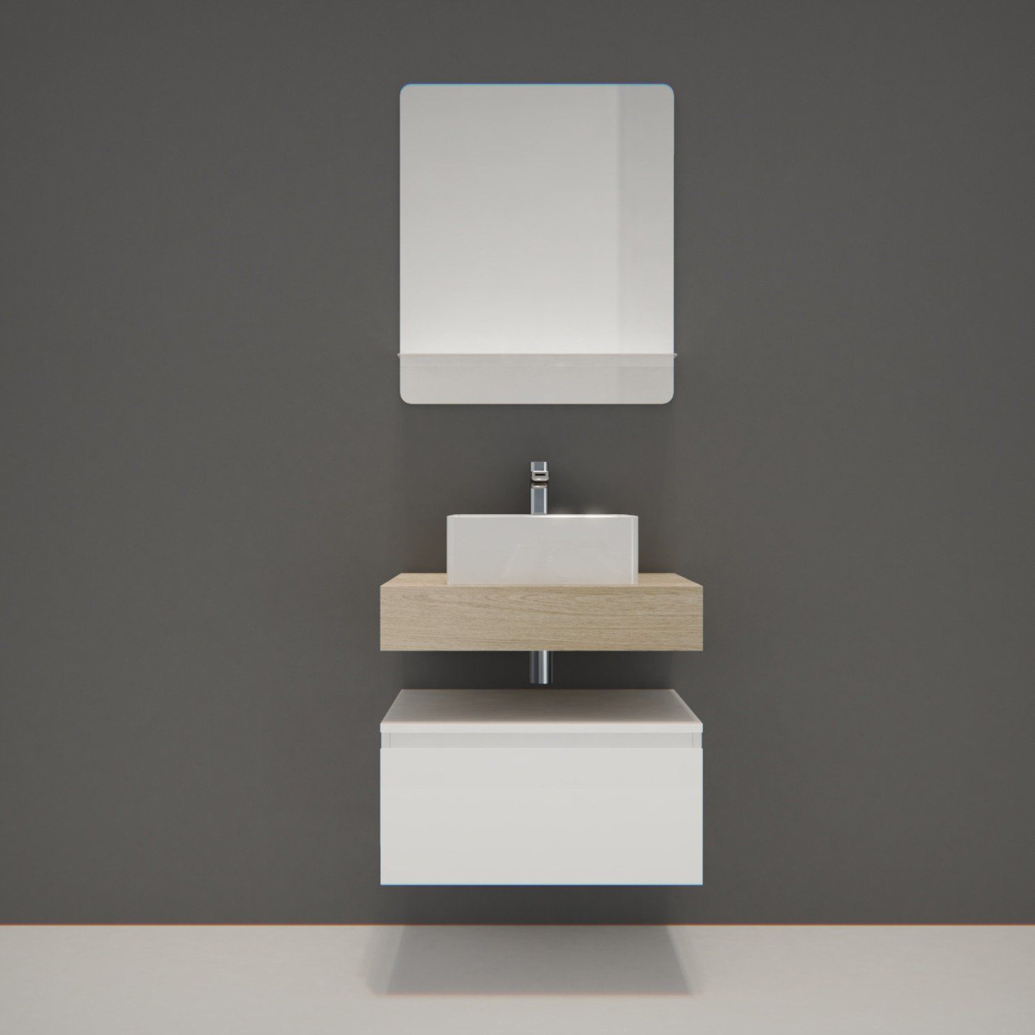 Meuble de Salle de Bain WILL - Plan suspendu 60 cm + Vasque + Miroir + Meuble tiroir + Equerres