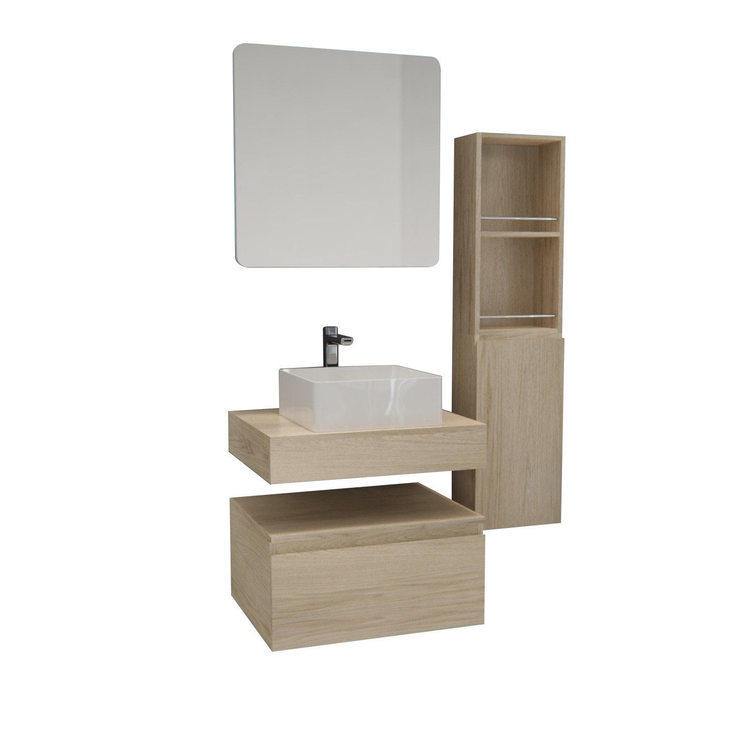 Ensemble de Salle de Bain WILL - Plan suspendu + Equerres + Meubles de rangement + Vasque + Armoire 