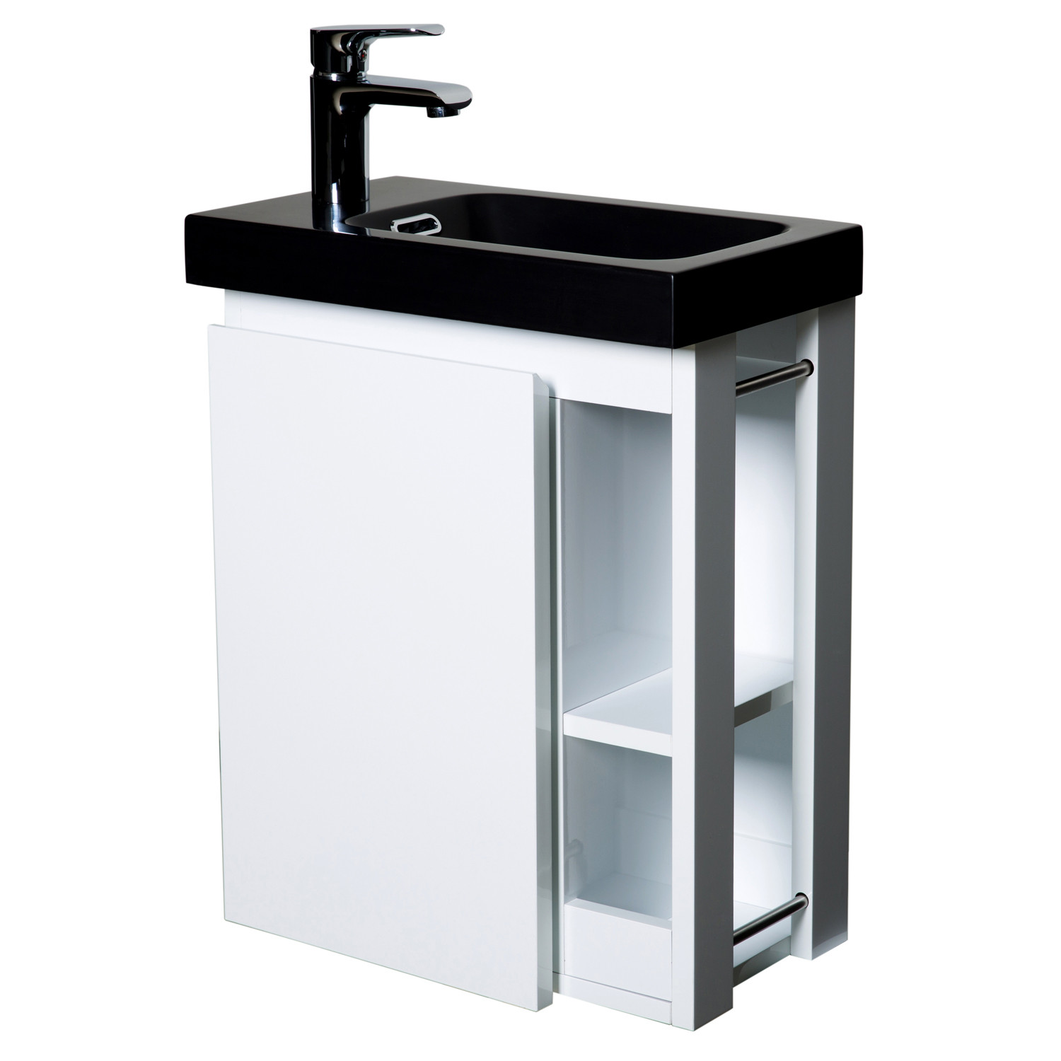 Meuble Lave-mains Blanc avec vasque Noire HAMPTON + Miroir
