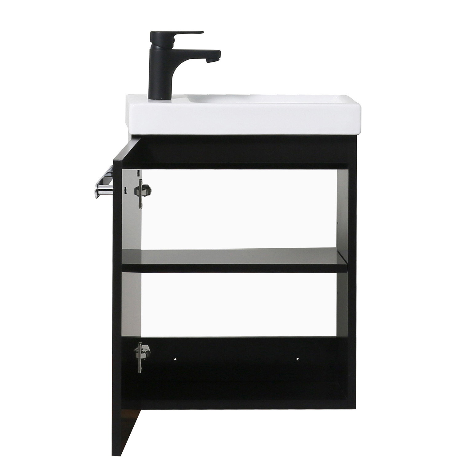 Meuble lave mains noir carbone NEVADA avec robinet noir et miroir tablette blanche