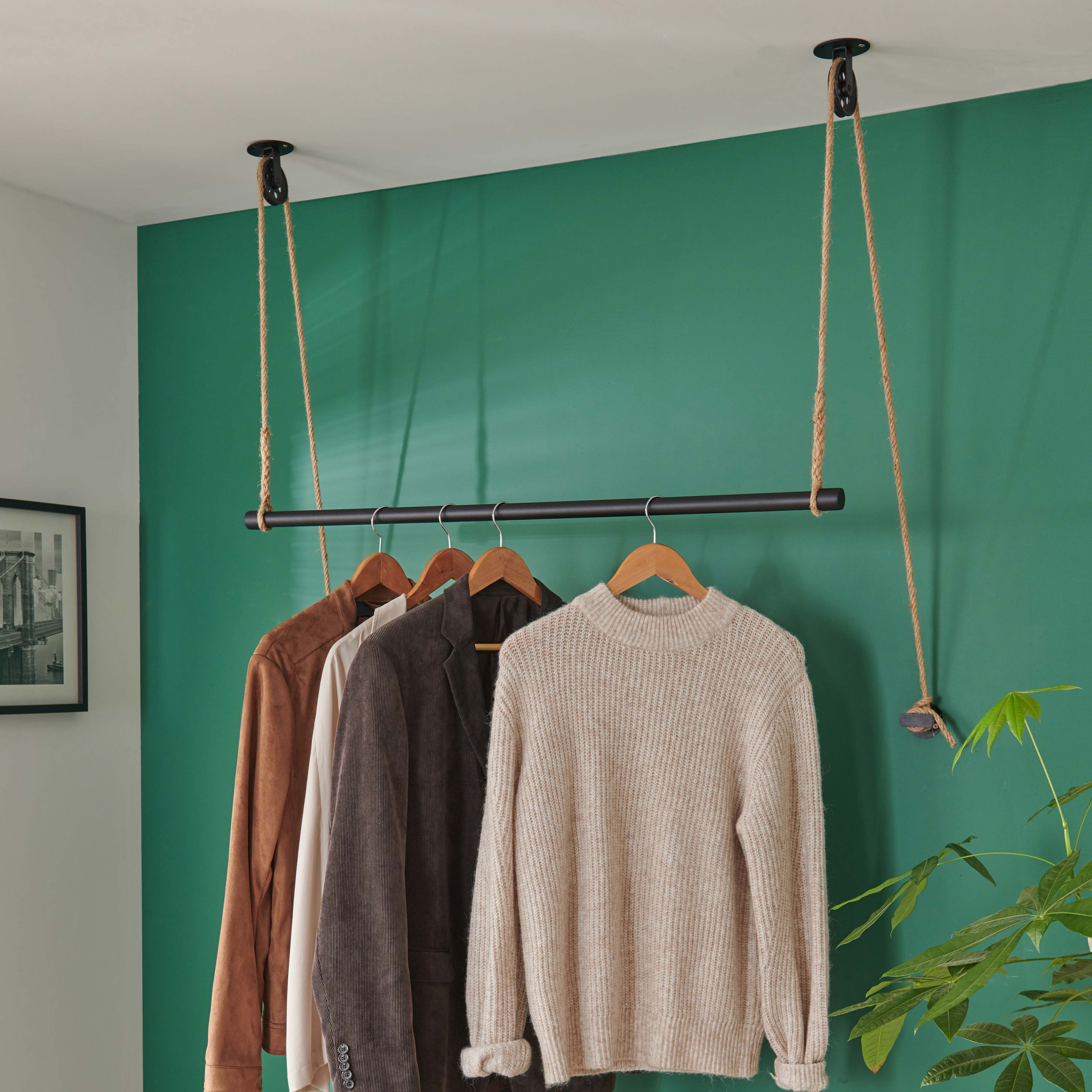 Kit penderie suspendue Industriel - Barre portant dressing sous plafond avec corde et poulie 1 m - L
