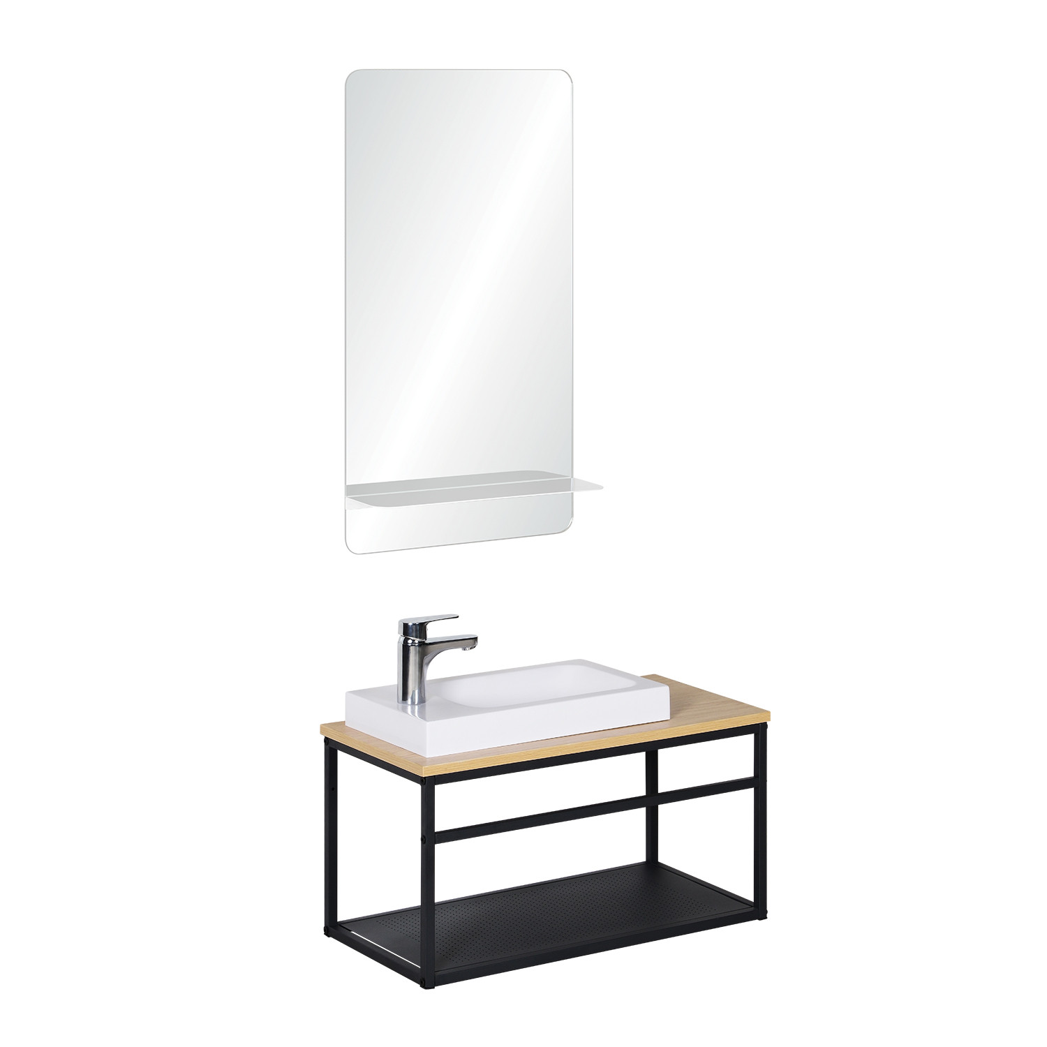 Meuble lave-mains Bois et Métal vasque Blanche WILL + robinet chromé + miroir