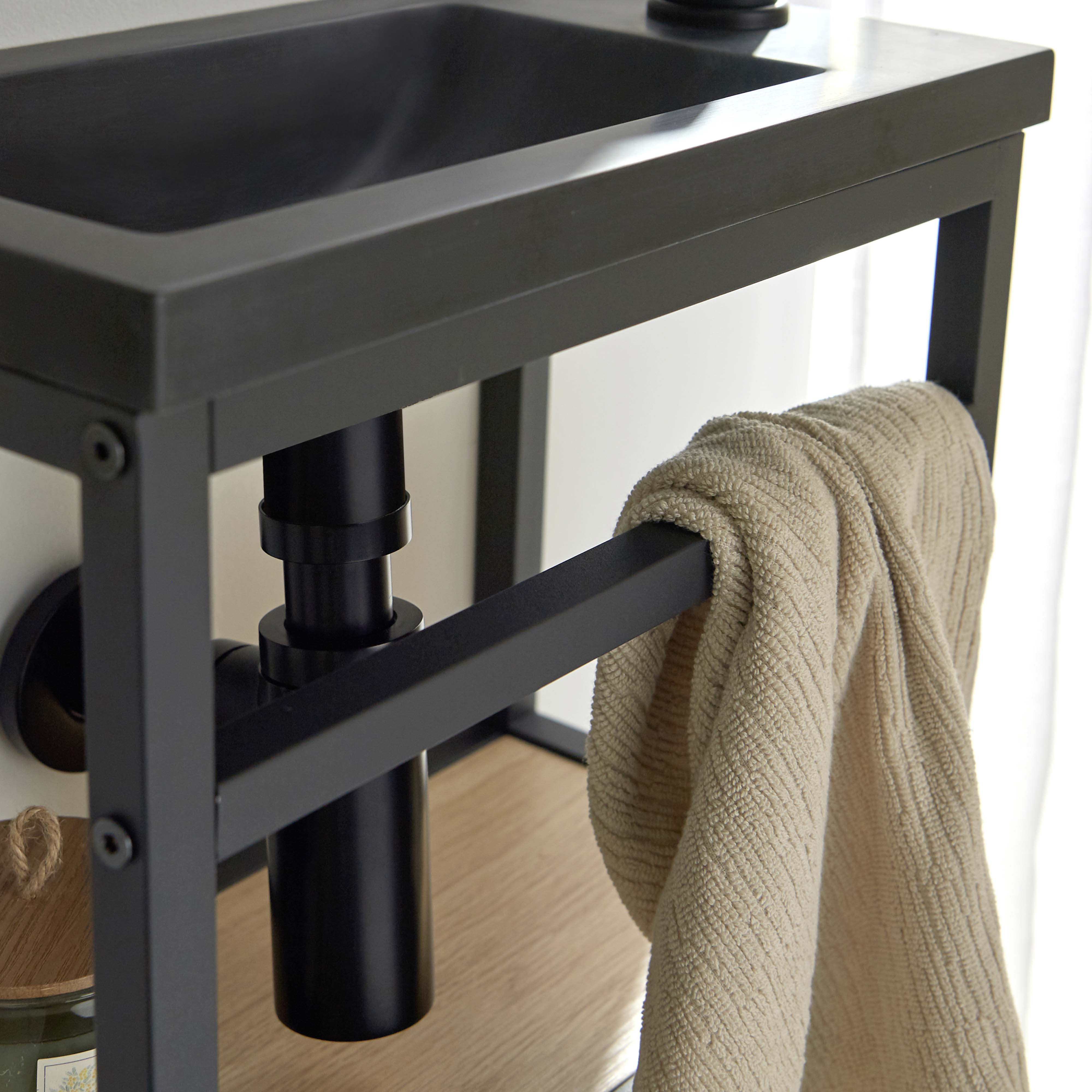 Meuble lave-mains Métal Noir SAO + robinet noir  + miroir tablette noire