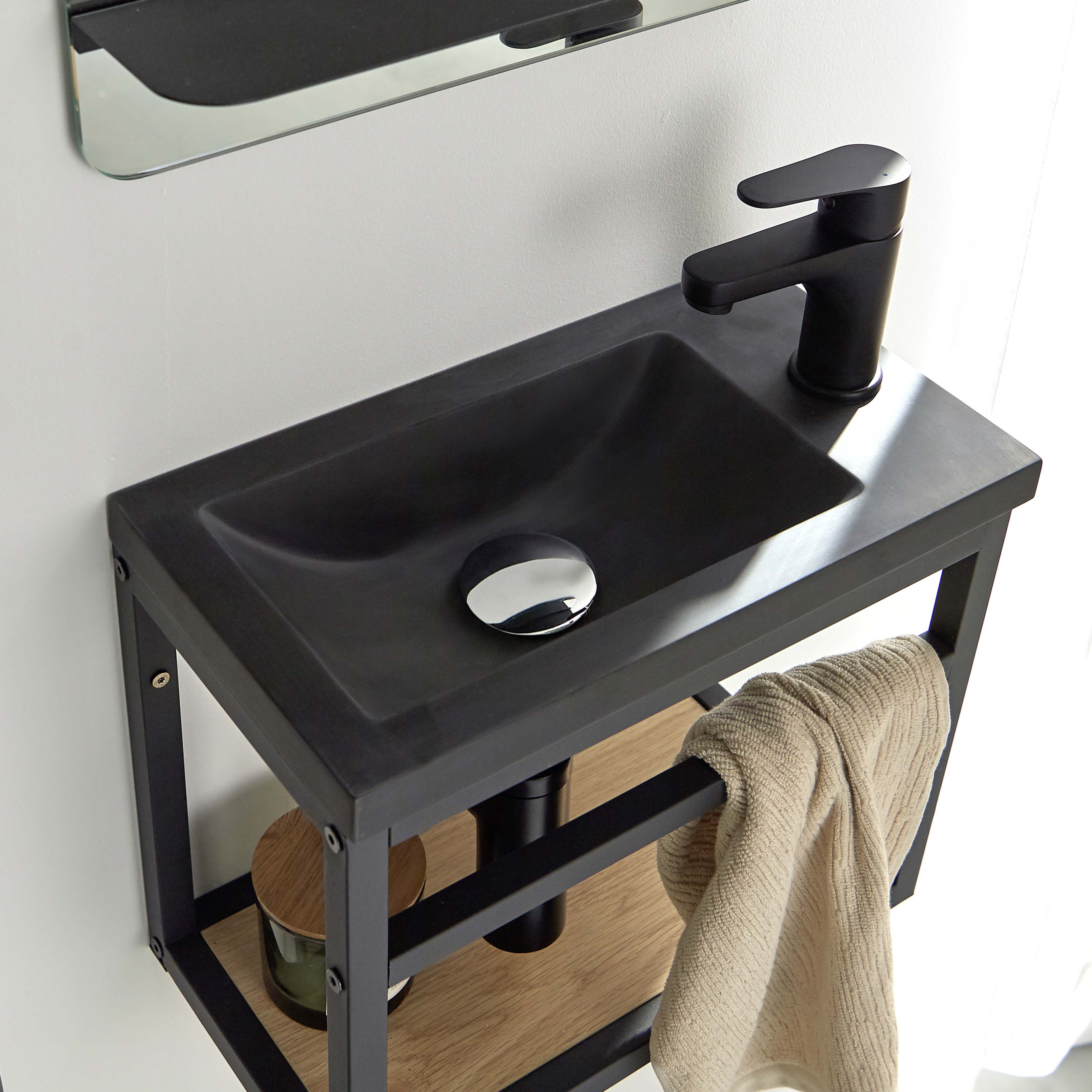 Meuble lave-mains Métal Noir SAO + robinet noir  + miroir tablette noire