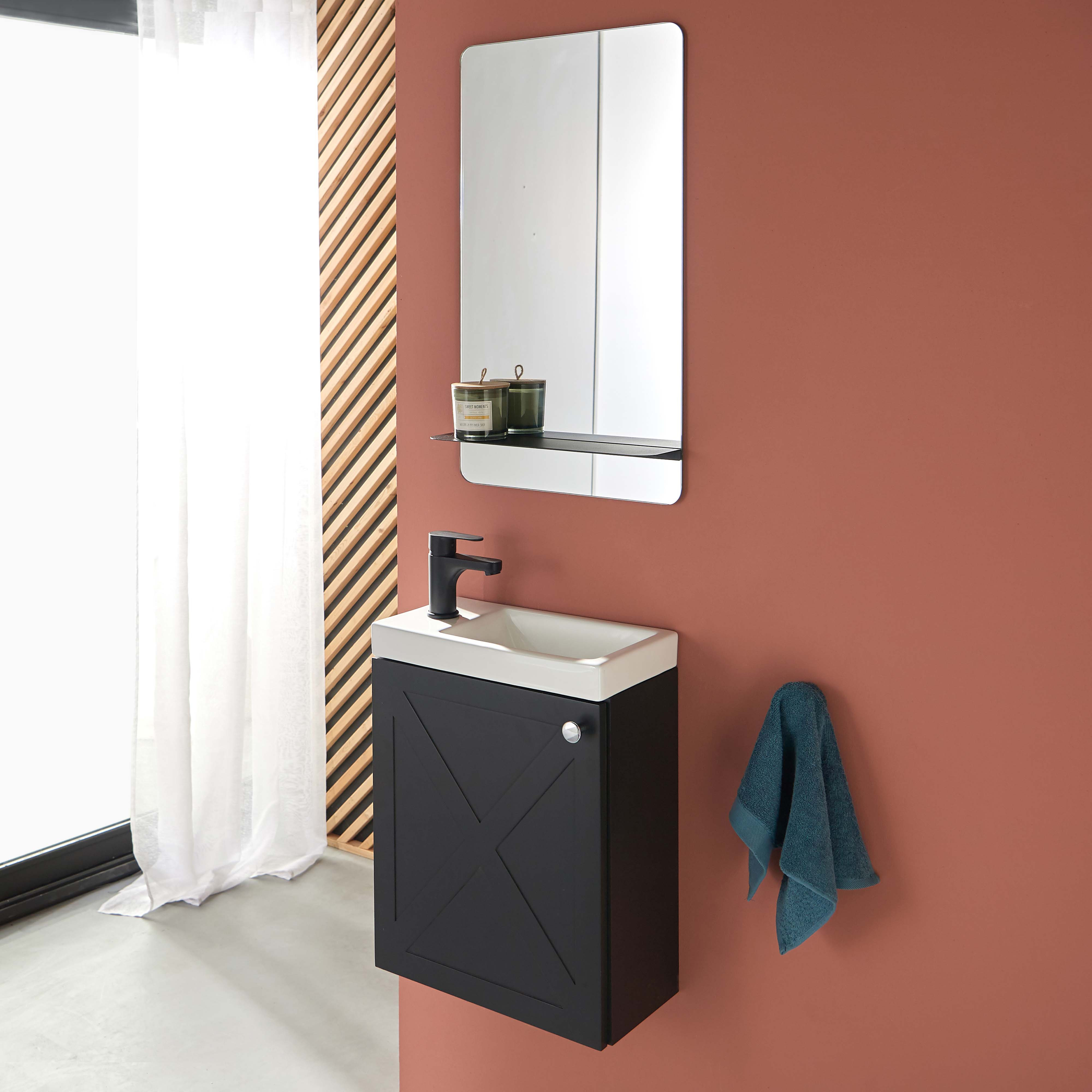 Meuble lave-mains noir carbone AVA avec miroir et robinet noir