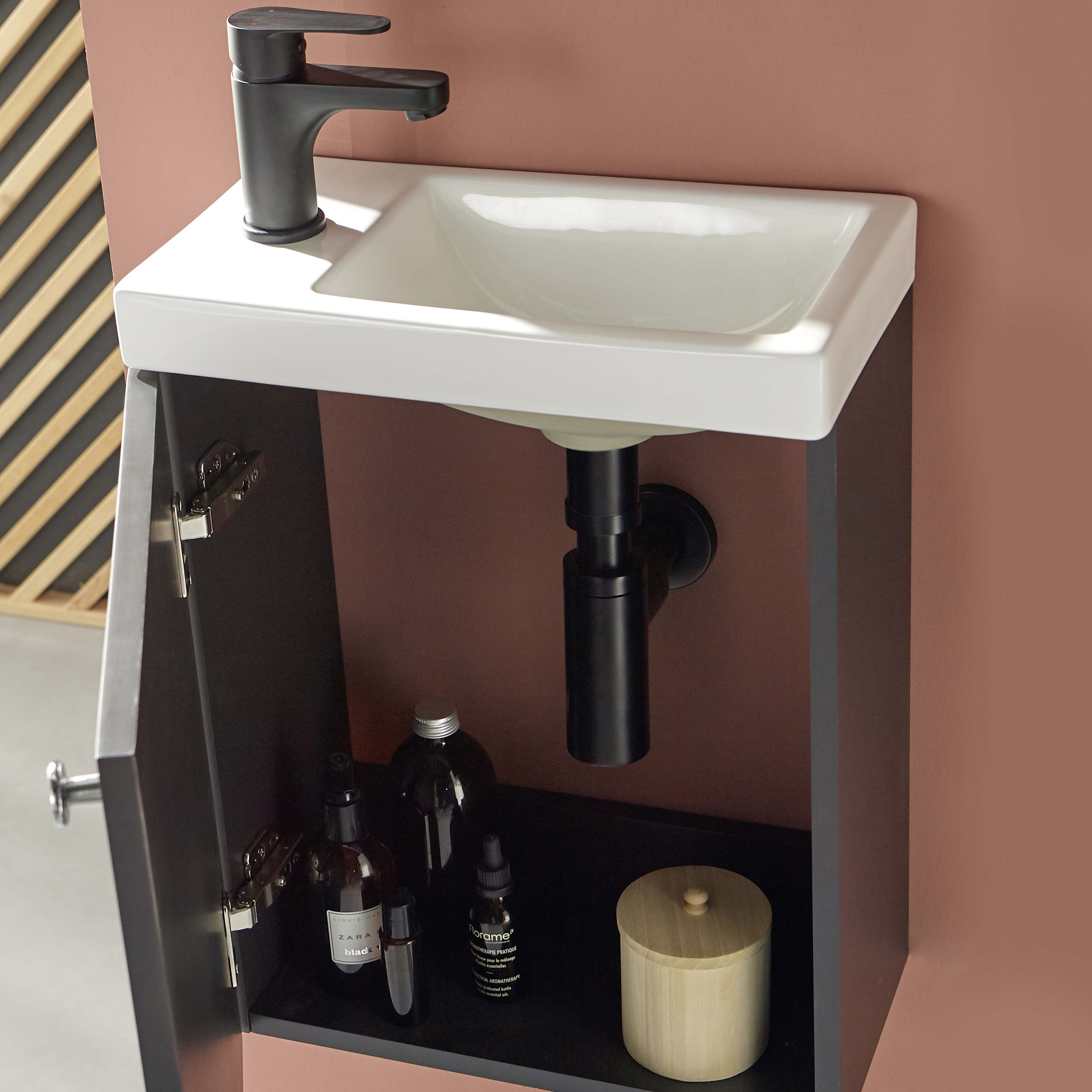 Meuble lave-mains noir carbone AVA avec miroir et robinet noir