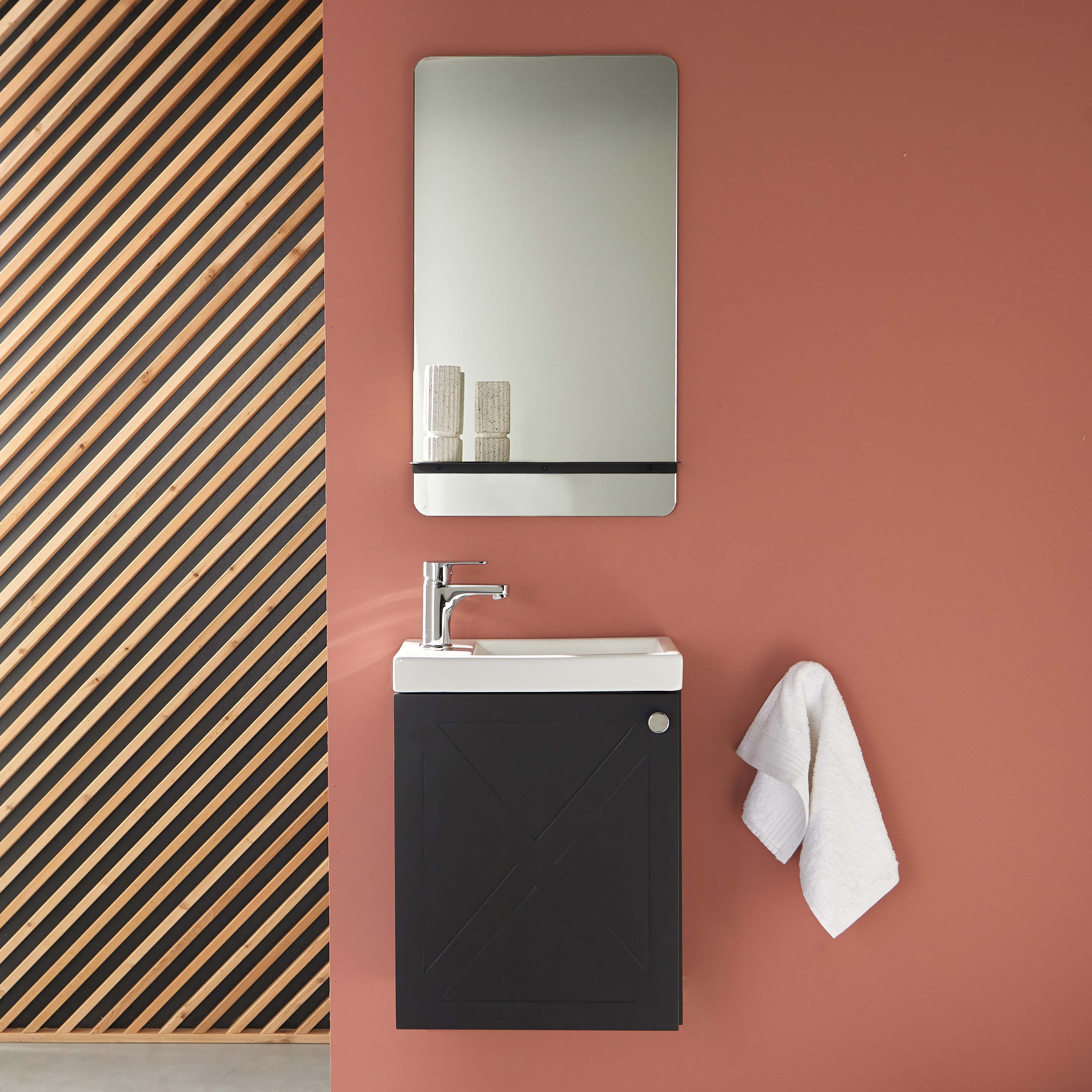 Meuble lave-mains noir carbone AVA avec miroir tablette blanche