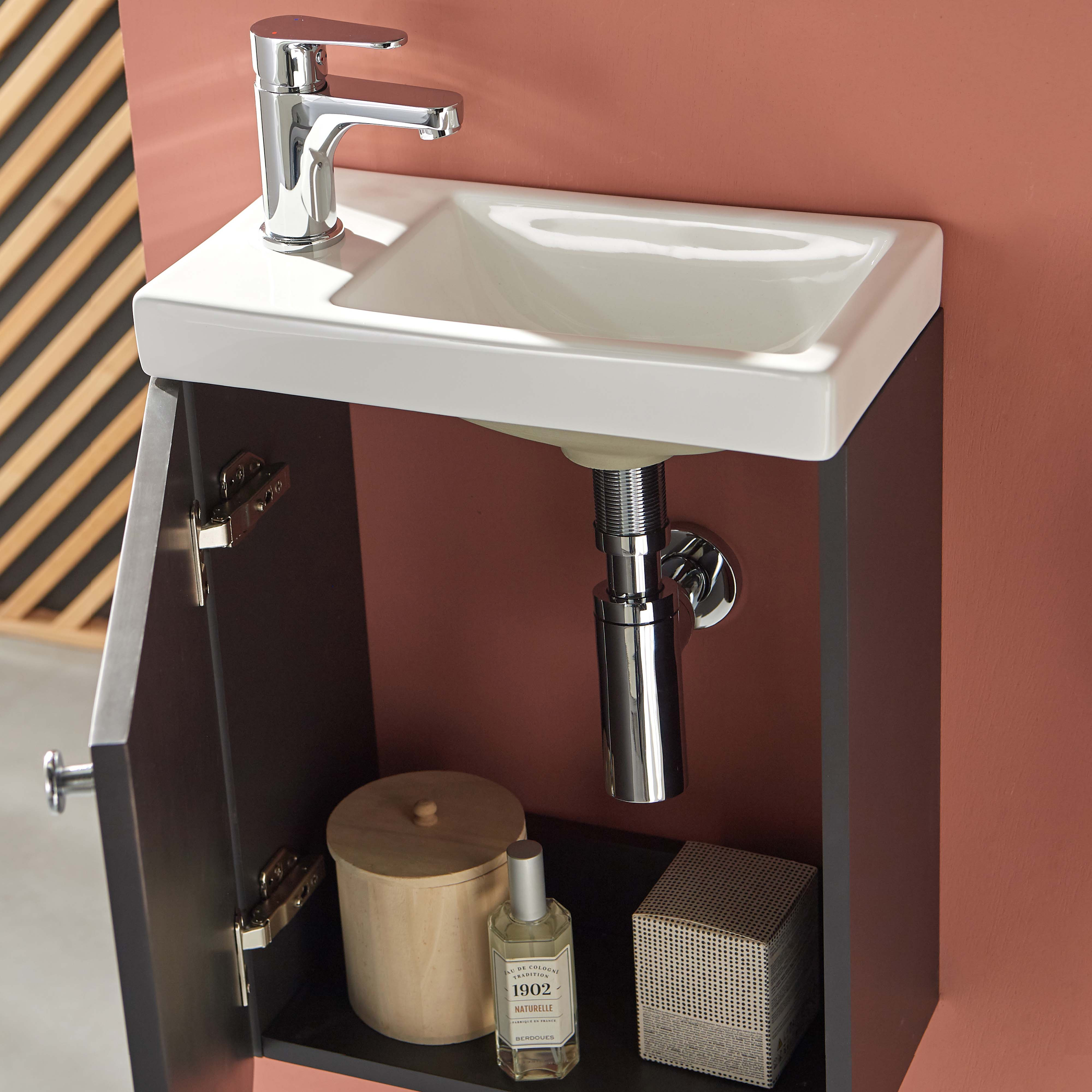 Meuble lave-mains noir carbone AVA avec miroir tablette blanche