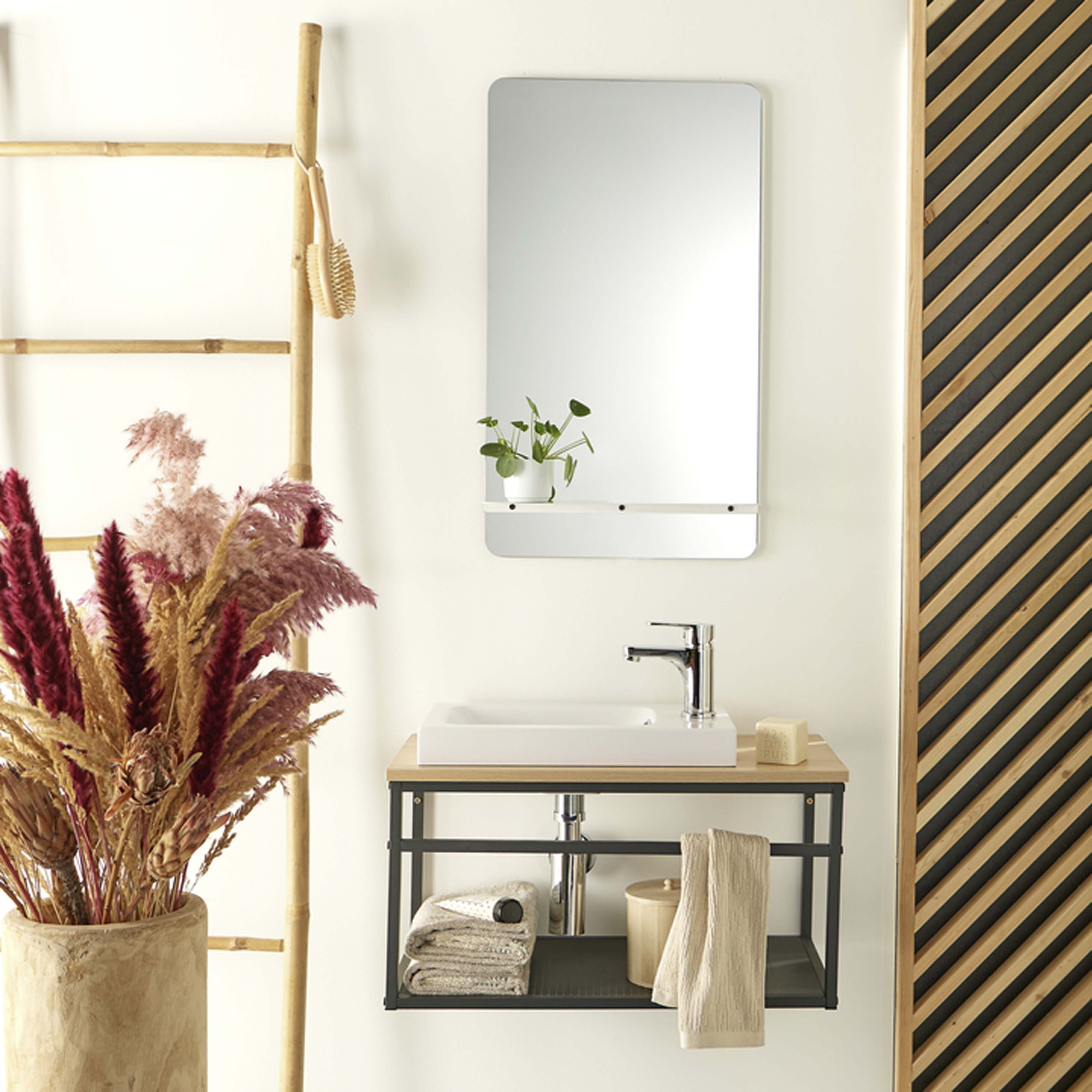 Meuble lave-mains Bois et Métal vasque Blanche WILL + robinet chromé + miroir