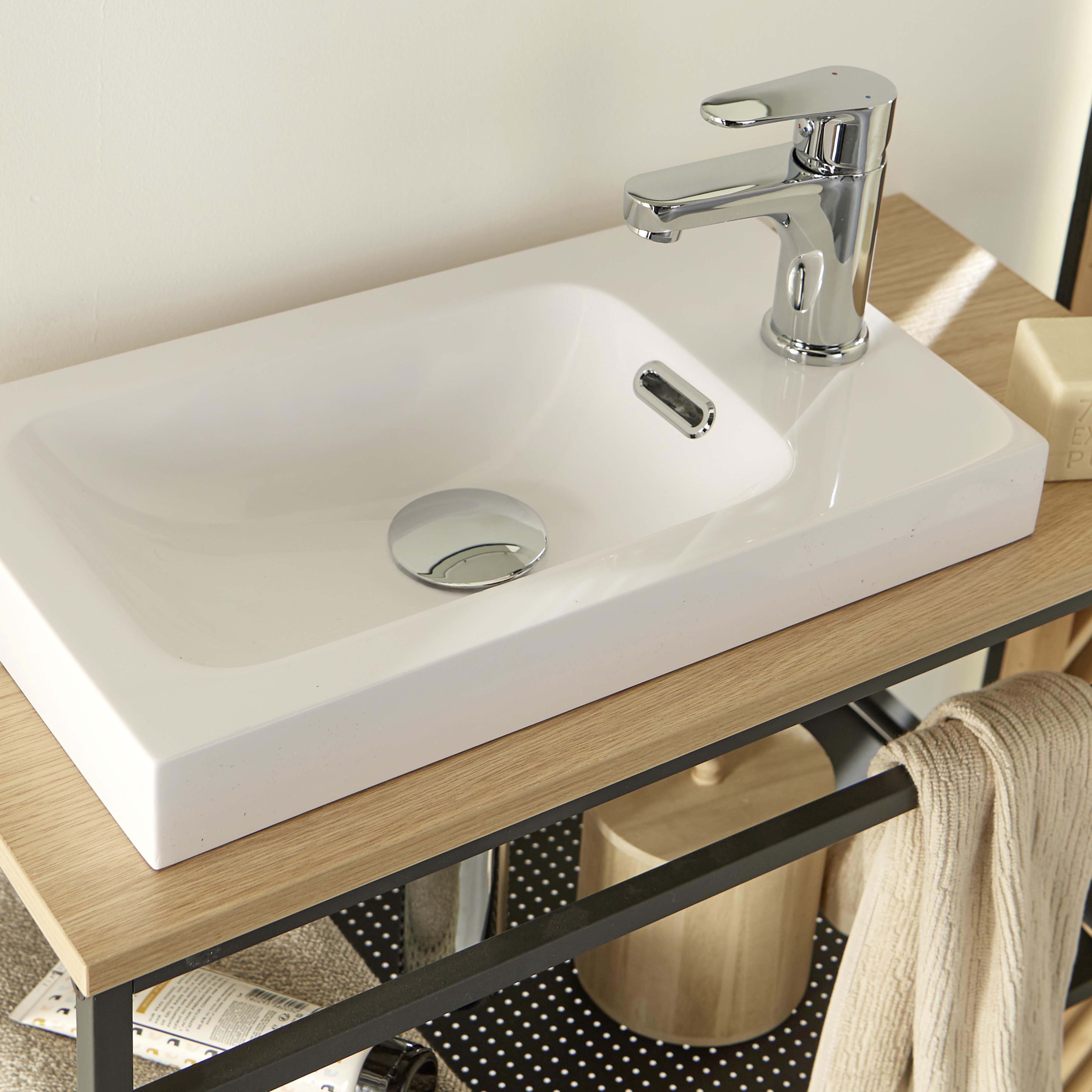 Meuble lave-mains Bois et Métal vasque Blanche WILL + robinet chromé