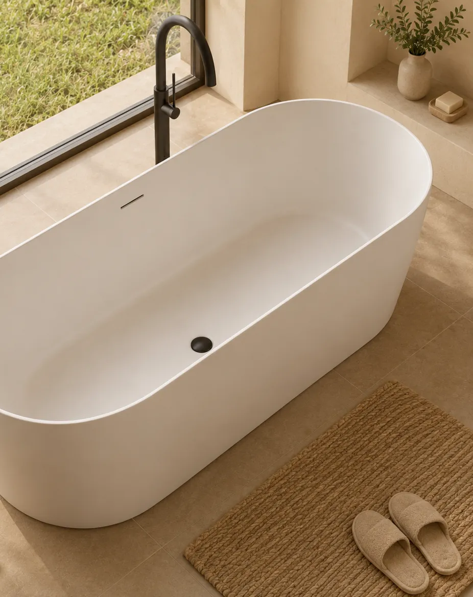 Weiße freistehende Badewanne